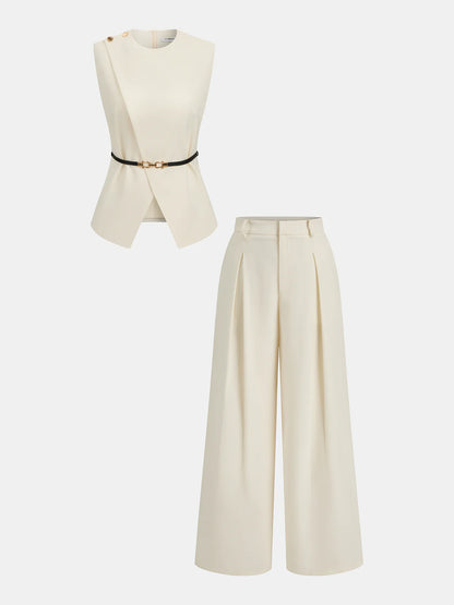 Sleeveless Belted Top with Pants Outfit