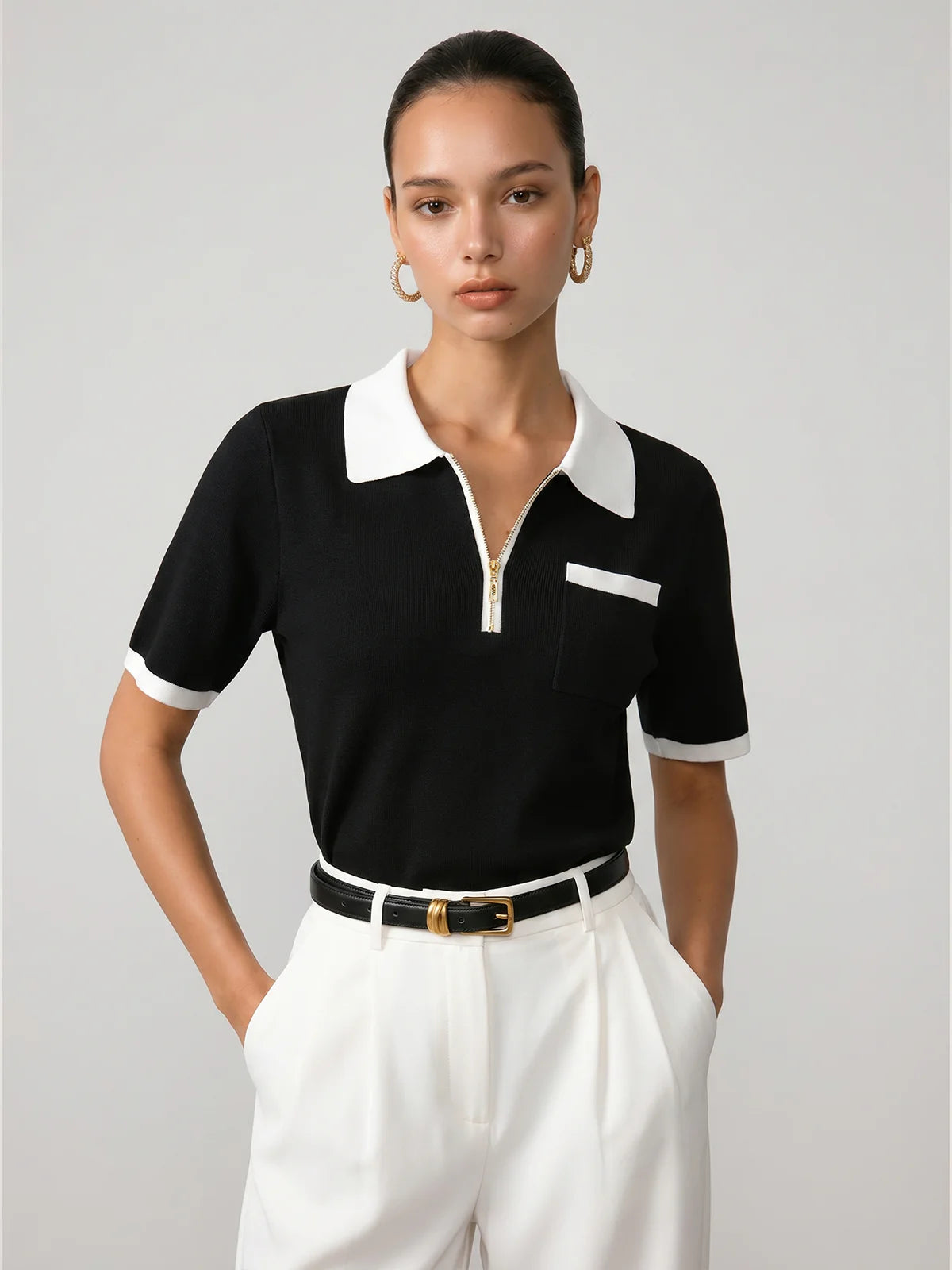 Black & White Short Sleeve Polo Top